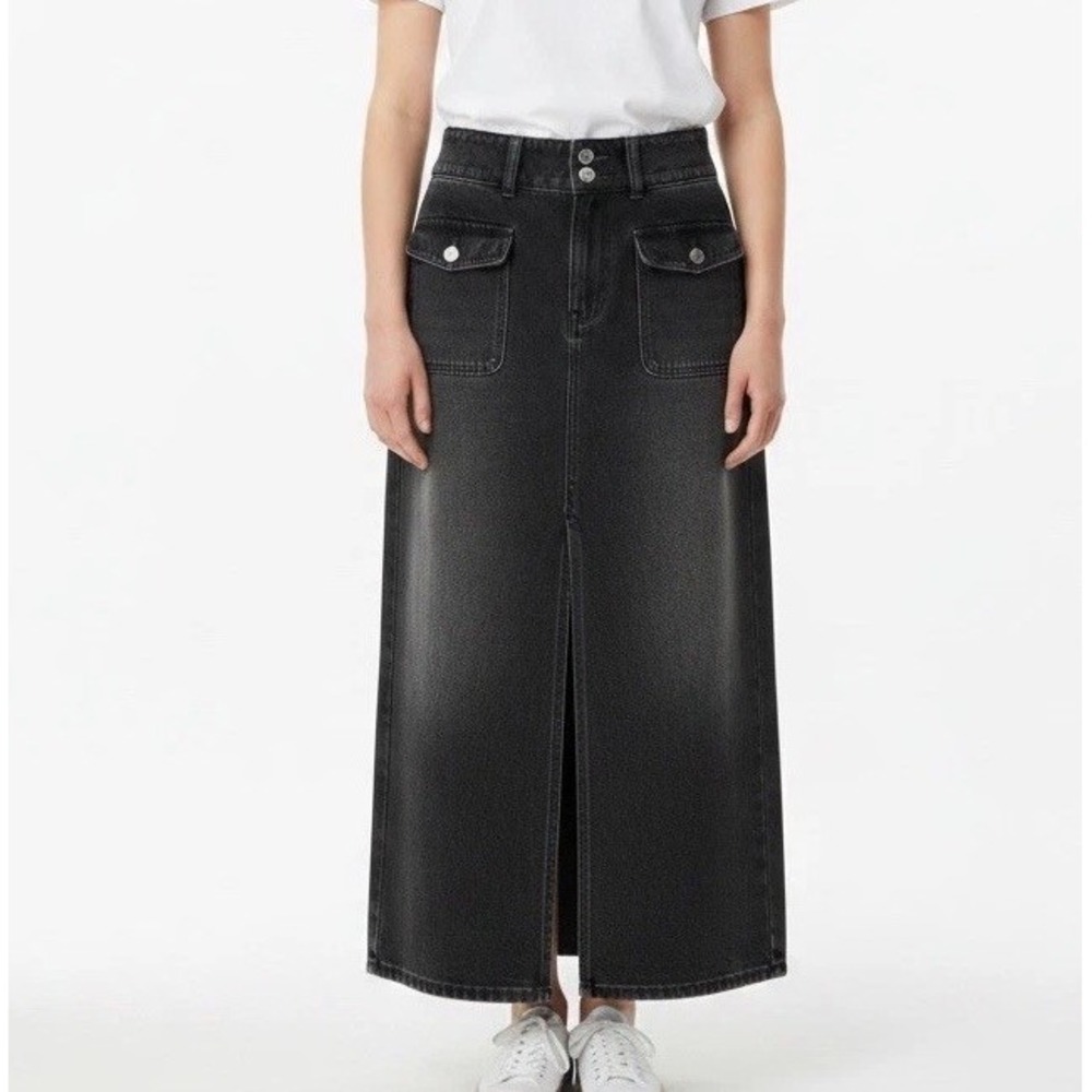 We The Free Denim Midi Skirt Womens 26 Black Washed High Rise Button Front Slit